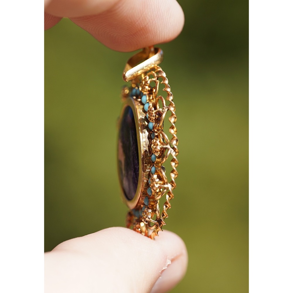 Antique‎ 20k Solid Yellow Gold Filigree Enamel Cameo Turqiouse Pendant Portugal - Picture 6 of 11